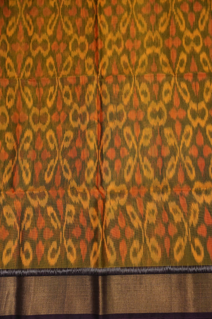 Pure Ikkat Silk Cotton Saree - Mustard with Coffee