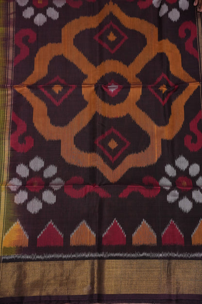 Pure Ikkat Silk Cotton Saree - Mustard with Coffee