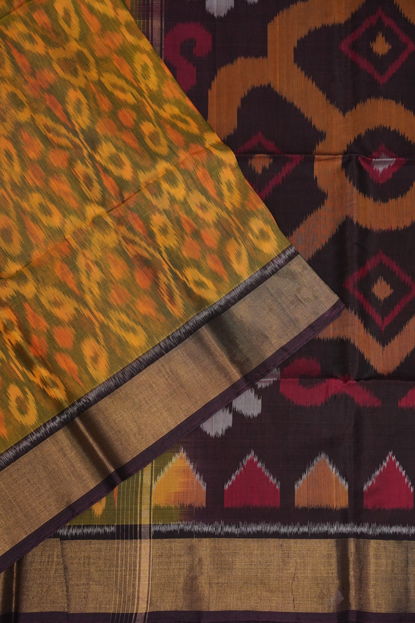 Pure Ikkat Silk Cotton Saree - Mustard with Coffee