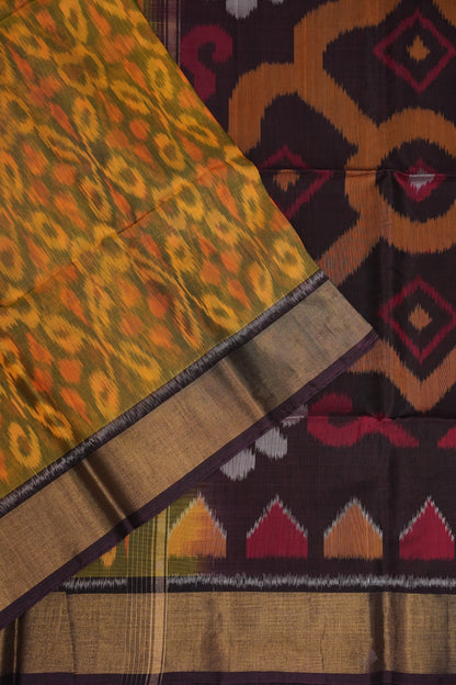 Pure Ikkat Silk Cotton Saree - Mustard with Coffee