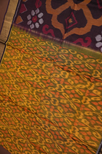 Pure Ikkat Silk Cotton Saree - Mustard with Coffee