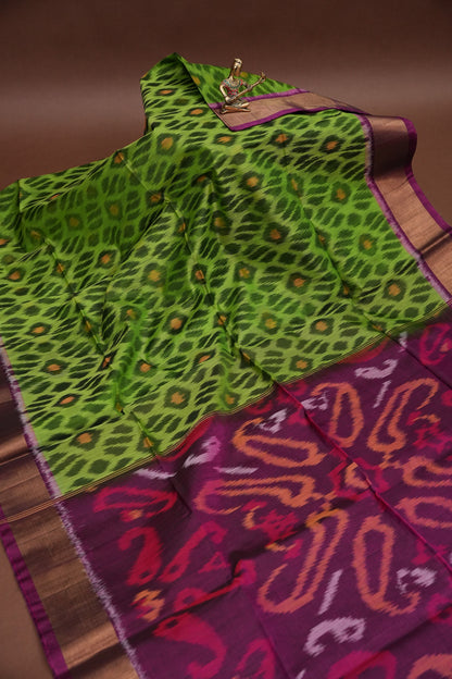 Pure Ikkat Silk Cotton Saree - Green & Purple