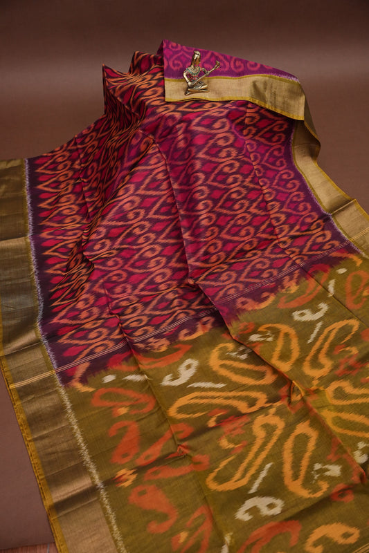 Pure Ikkat Silk Cotton Saree - Wine & Mustard