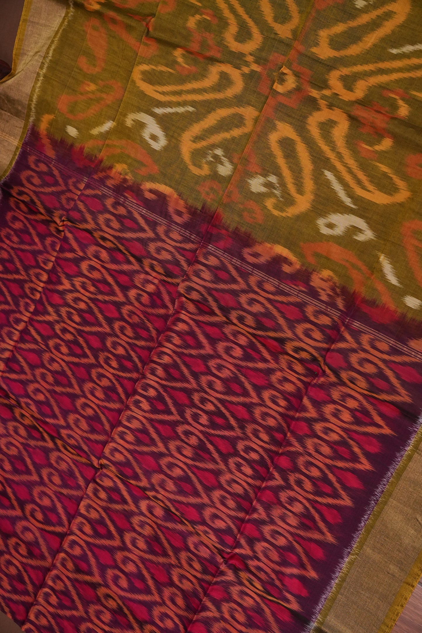 Pure Ikkat Silk Cotton Saree - Wine & Mustard