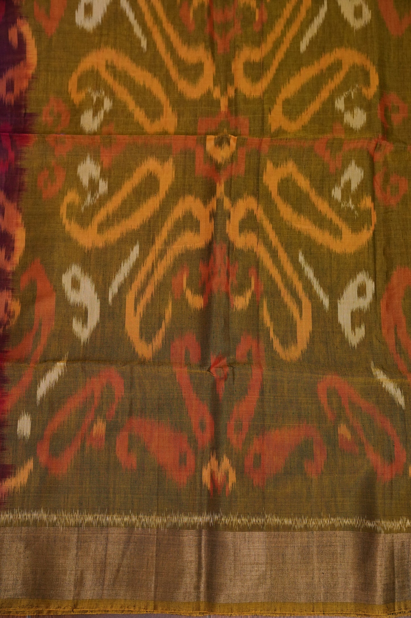 Pure Ikkat Silk Cotton Saree - Wine & Mustard