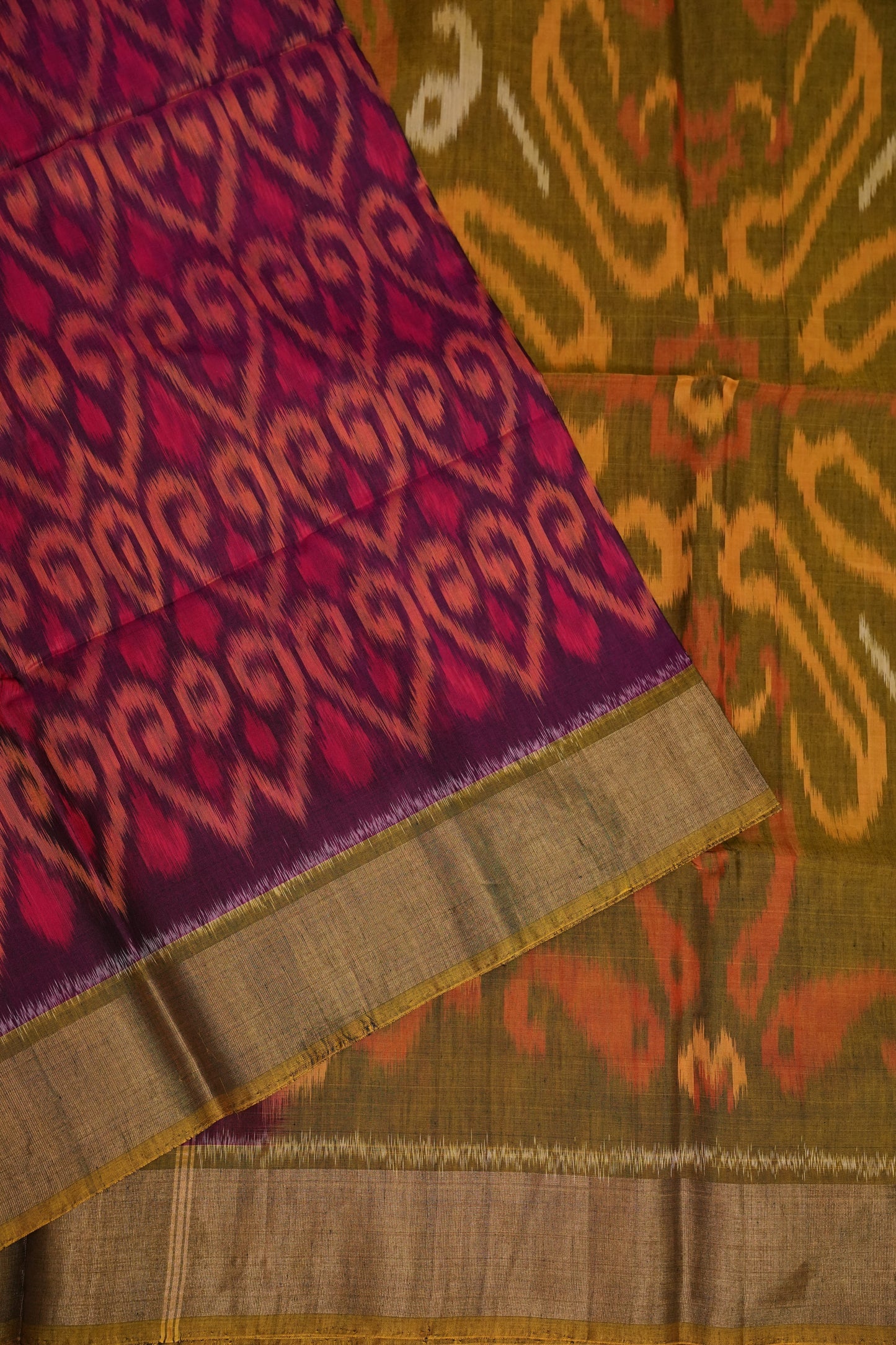 Pure Ikkat Silk Cotton Saree - Wine & Mustard