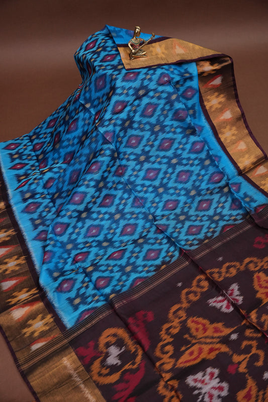 Pure Ikkat Silk Cotton Saree - Blue & Coffee