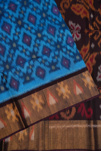 Pure Ikkat Silk Cotton Saree - Blue & Coffee