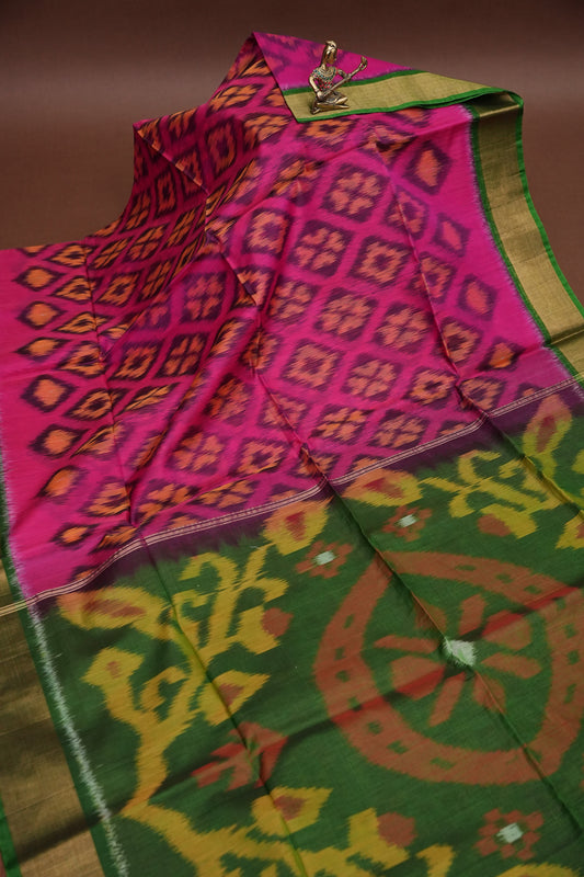 Pure Ikkat Silk Cotton Saree - Pink & Emerald Green