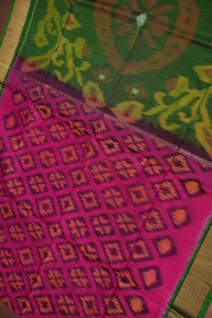 Pure Ikkat Silk Cotton Saree - Pink & Emerald Green