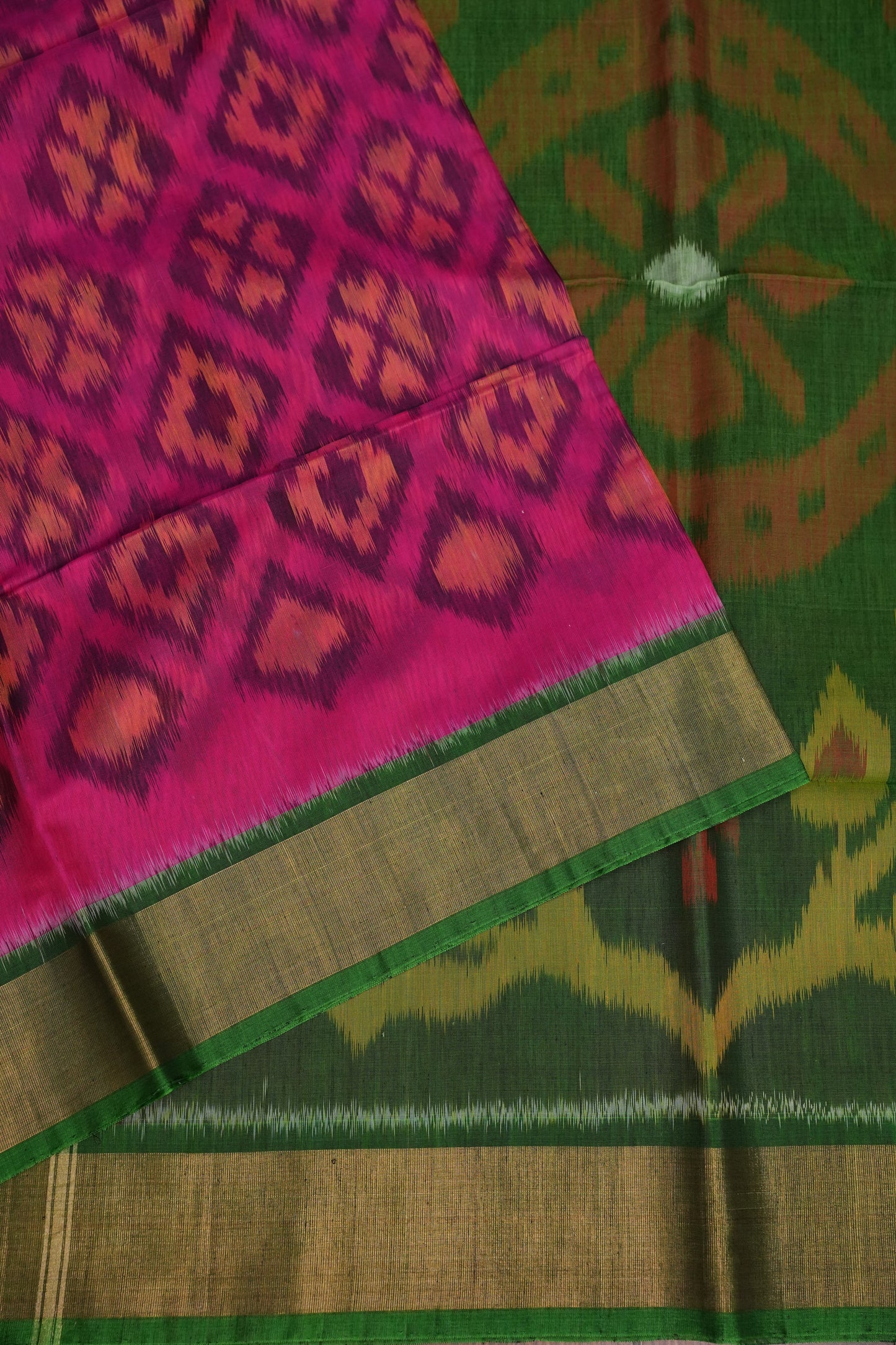 Pure Ikkat Silk Cotton Saree - Pink & Emerald Green