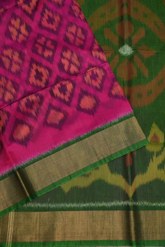 Pure Ikkat Silk Cotton Saree - Pink & Emerald Green