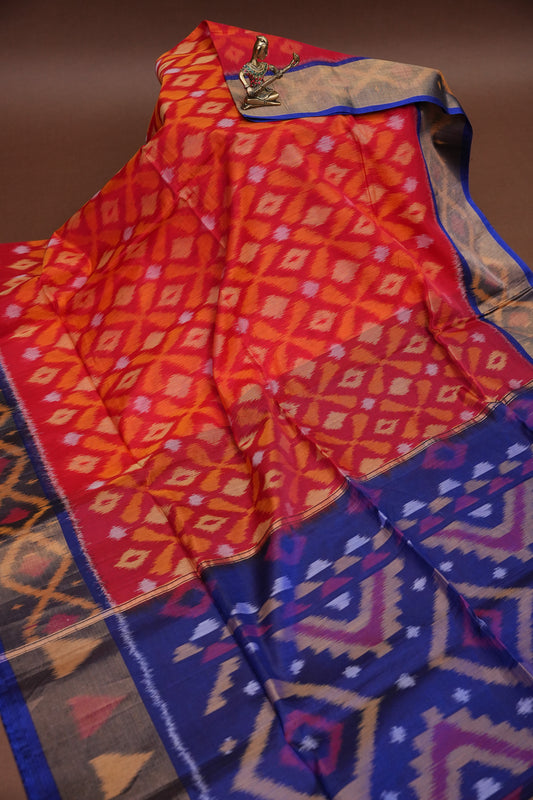 Pure Ikkat Silk Cotton Saree - Red & Royal Blue