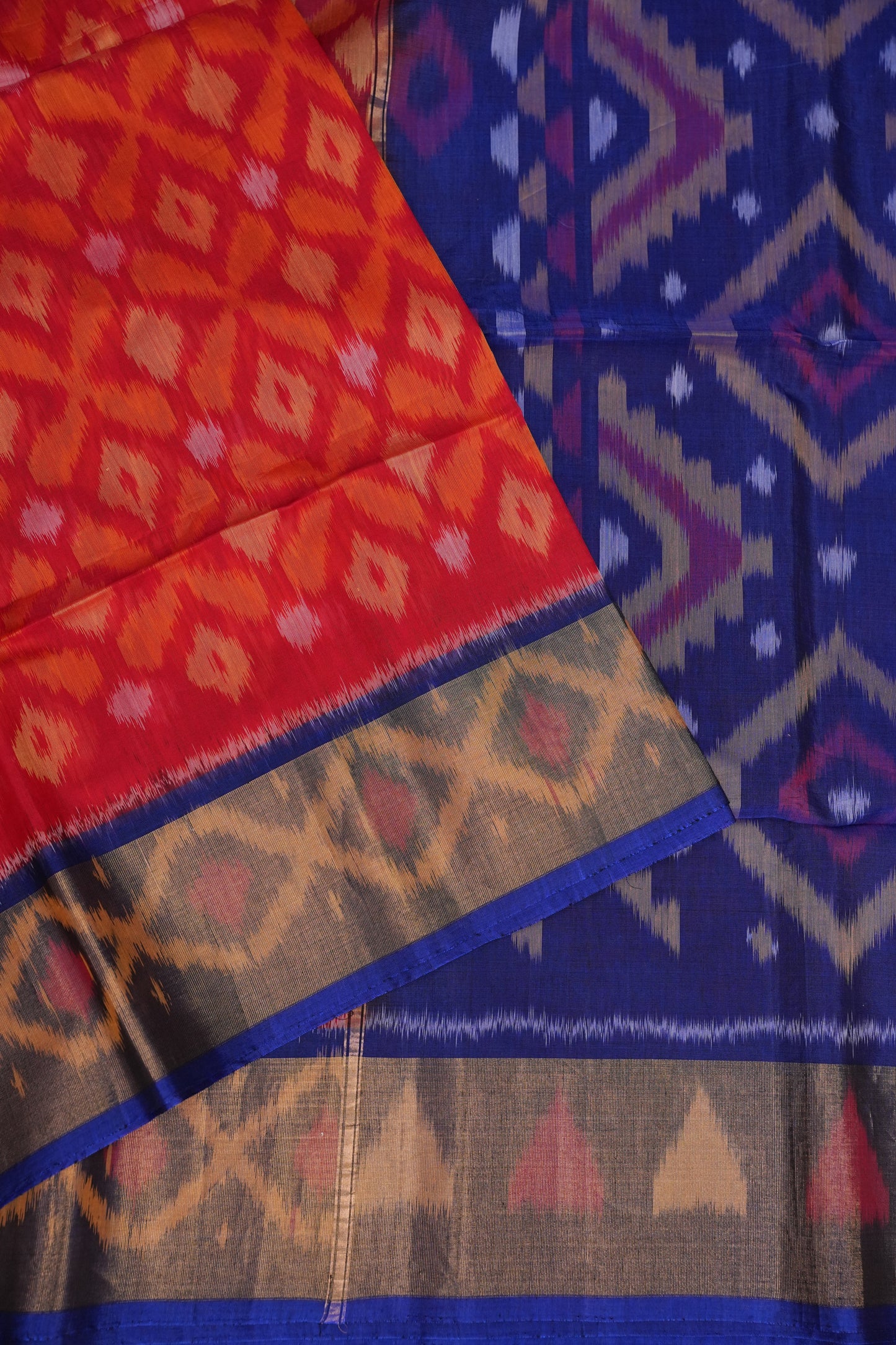 Pure Ikkat Silk Cotton Saree - Red & Royal Blue