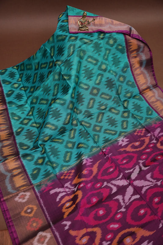 Pure Ikkat Silk Cotton Saree - Turquoise & Deep Purple