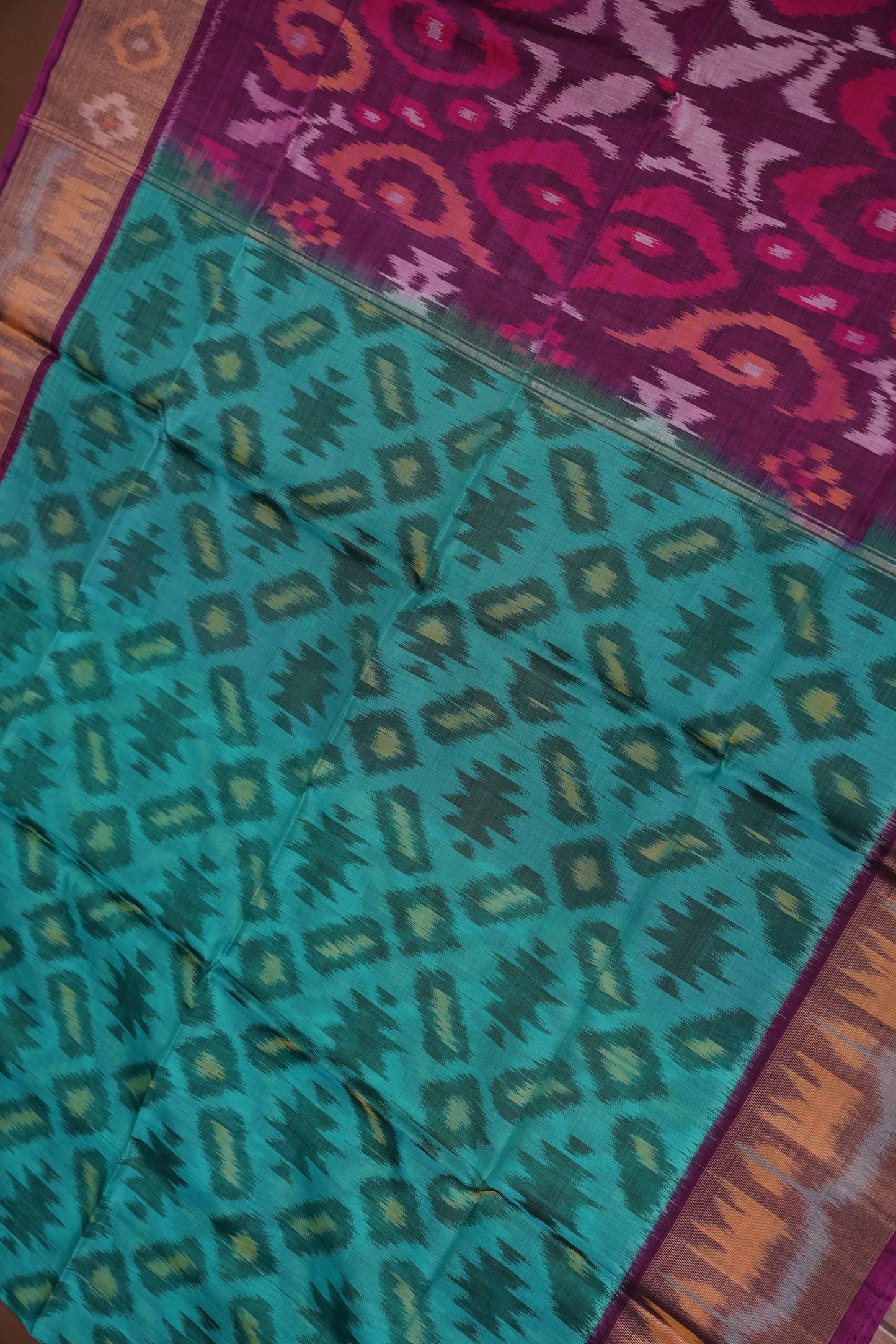 Pure Ikkat Silk Cotton Saree - Turquoise & Deep Purple