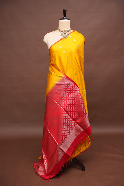 Pure Soft Silk Saree in Yellow - Yellow & Red