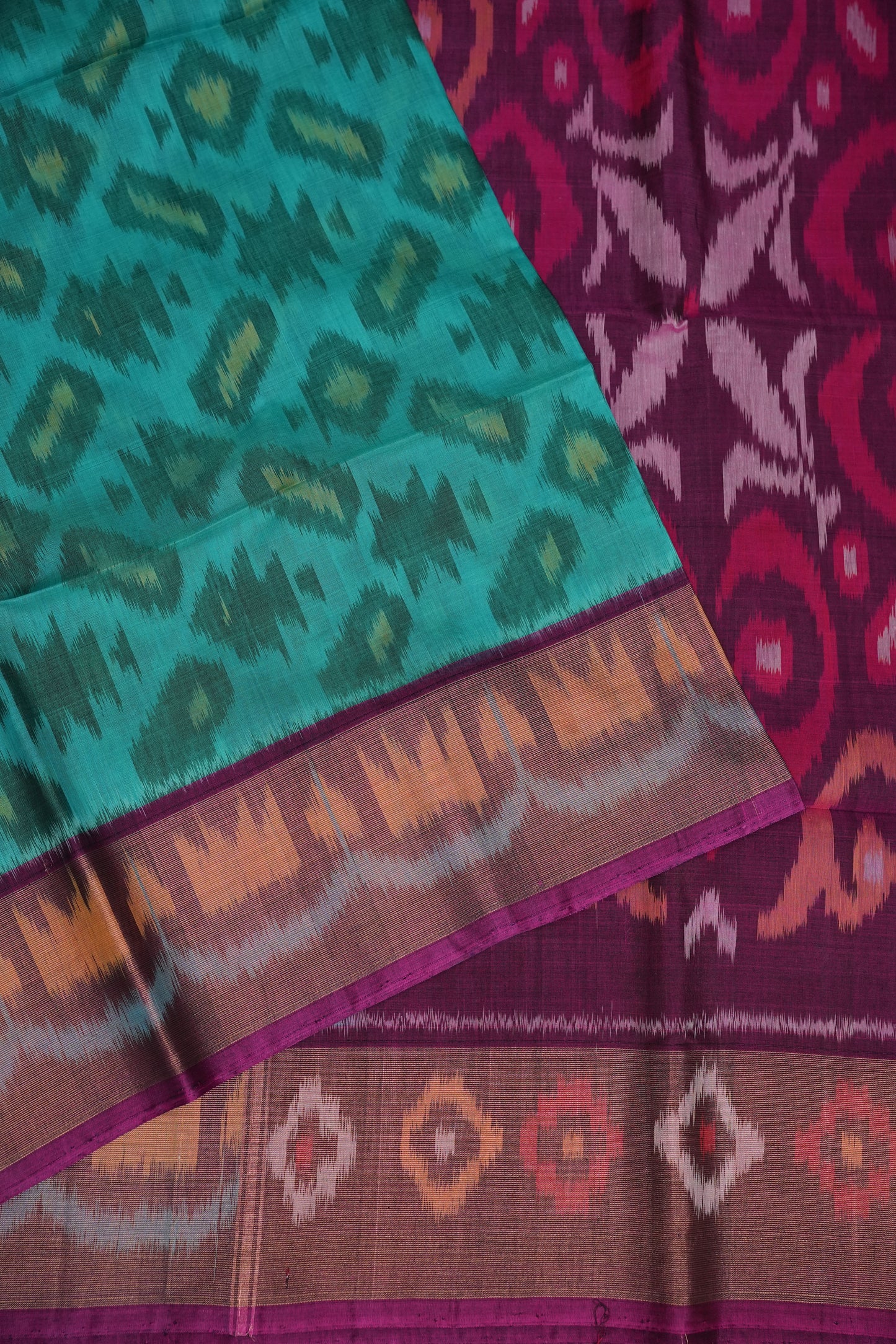 Pure Ikkat Silk Cotton Saree - Turquoise & Deep Purple