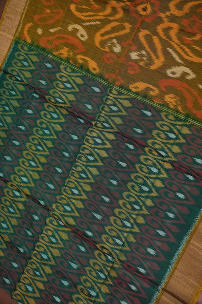 Pure Ikkat Silk Cotton Saree - Bottle Green & Mustard