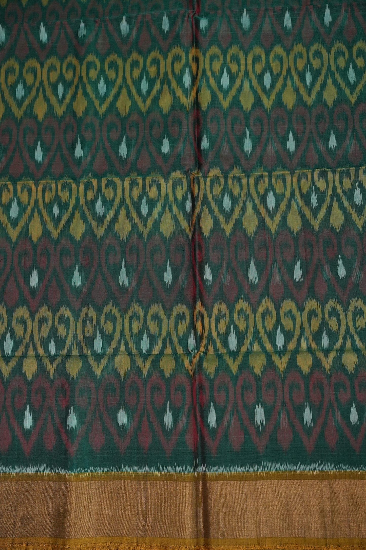 Pure Ikkat Silk Cotton Saree - Bottle Green & Mustard