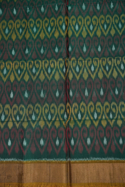 Pure Ikkat Silk Cotton Saree - Bottle Green & Mustard