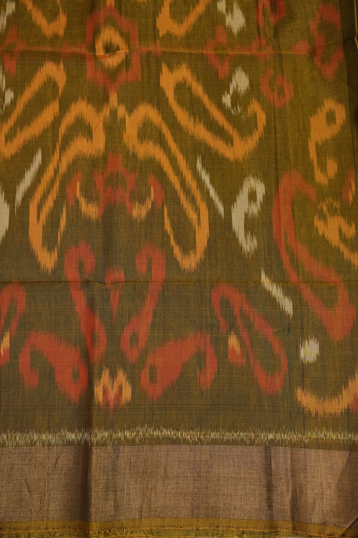 Pure Ikkat Silk Cotton Saree - Bottle Green & Mustard