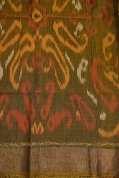 Pure Ikkat Silk Cotton Saree - Bottle Green & Mustard