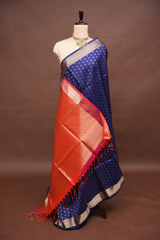 Pure Soft Silk Saree - Royal Blue and Orange