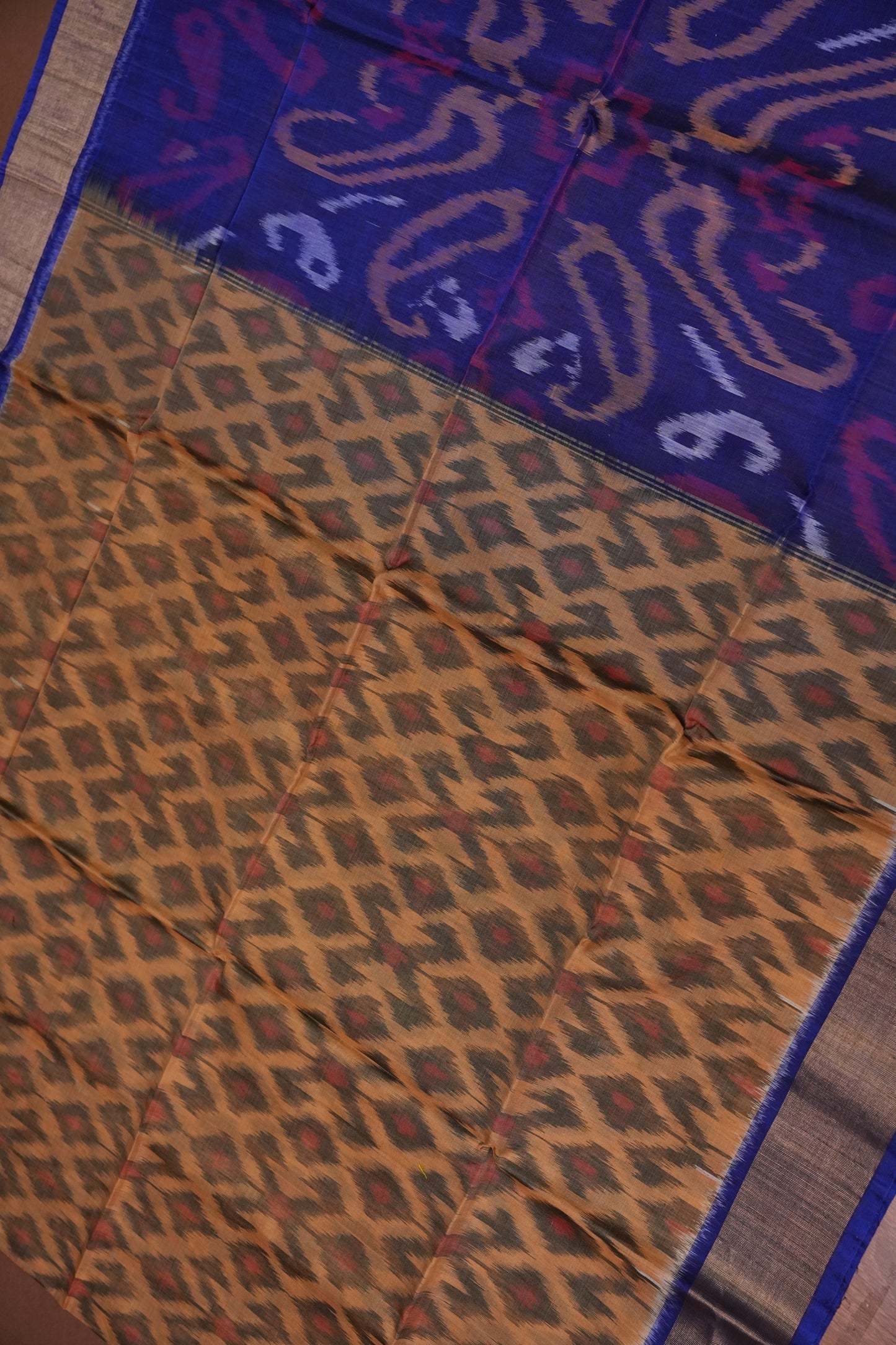 Pure Ikkat Silk Cotton Saree - Beige & Royal Blue