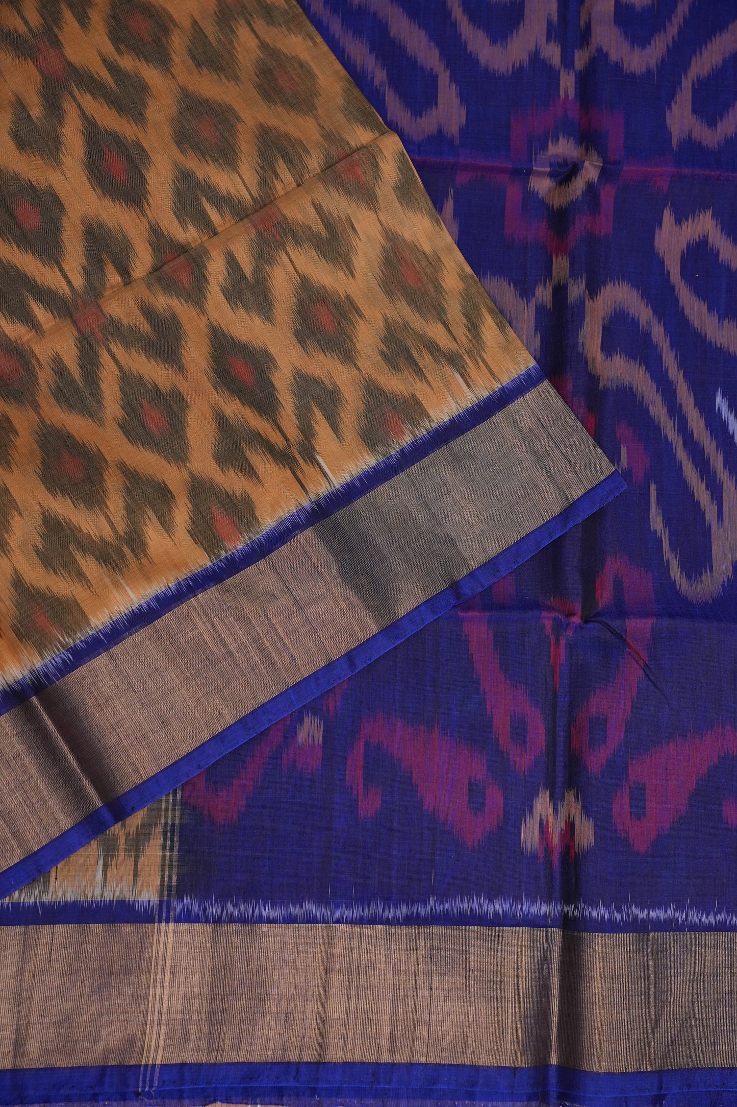 Pure Ikkat Silk Cotton Saree - Beige & Royal Blue