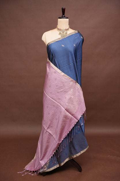 Pure Soft Silk Saree- Steel Blue & Blush Pink