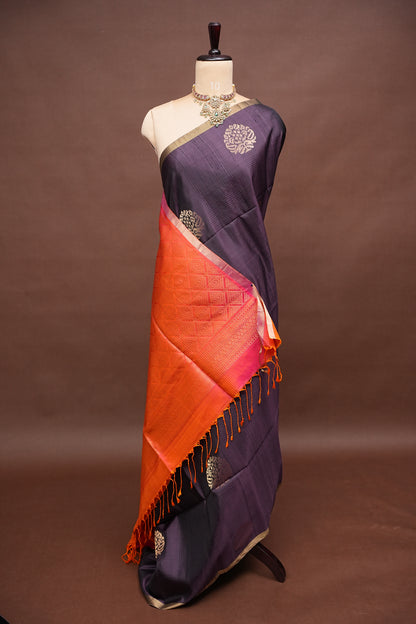 Pure Soft Silk Saree - Deep Plum Purple with Orange