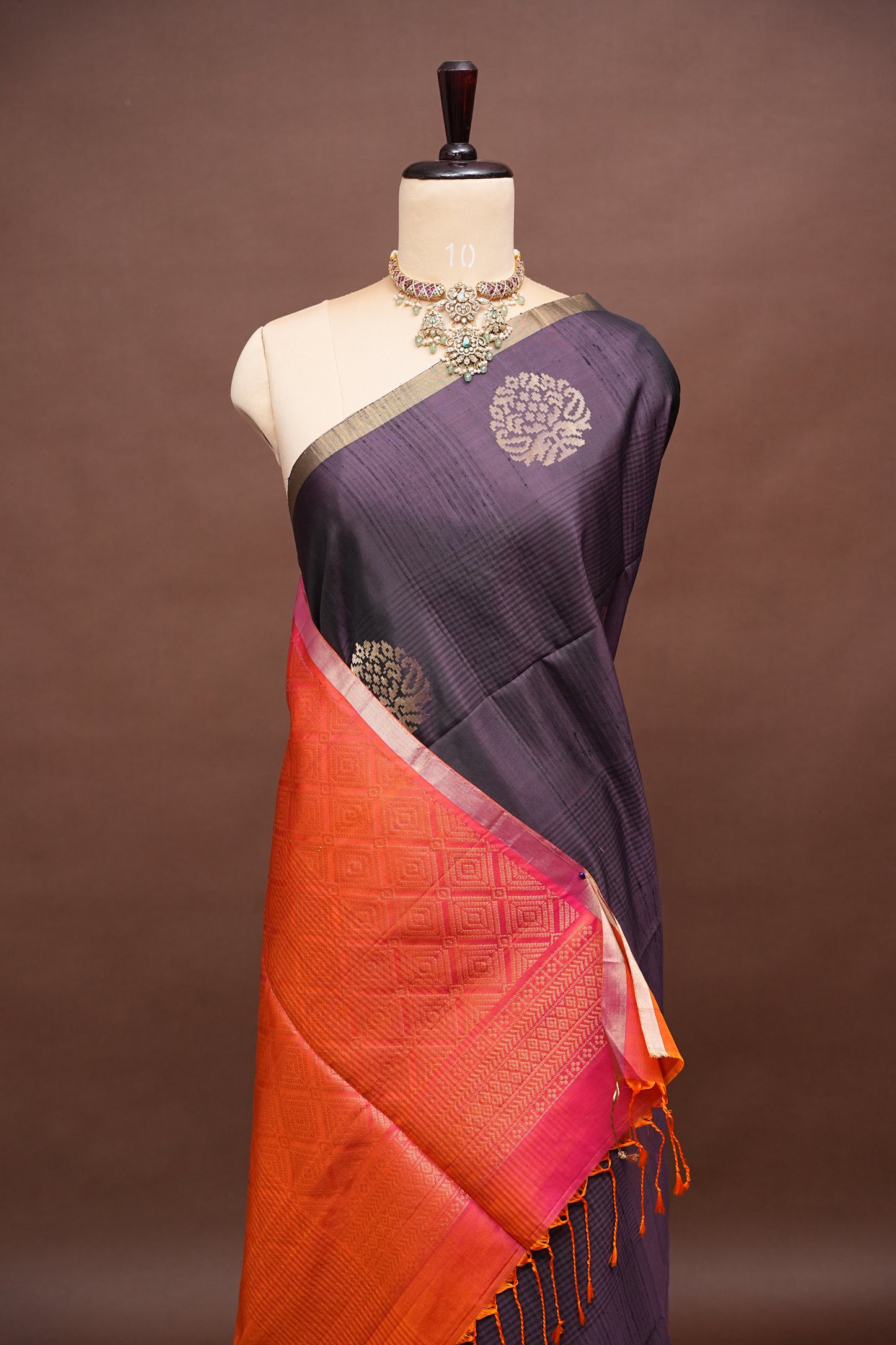 Pure Soft Silk Saree - Deep Plum Purple with Orange