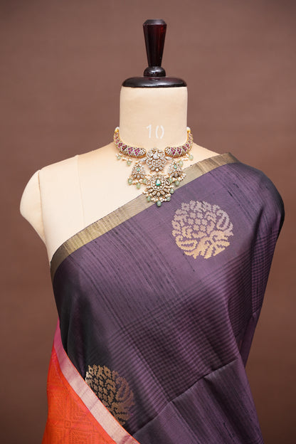 Pure Soft Silk Saree - Deep Plum Purple with Orange