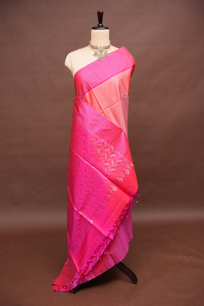 Pure Soft Silk Saree - Peach with Hot Pink