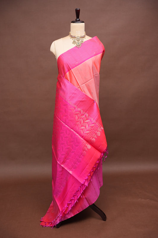 Pure Soft Silk Saree - Peach with Hot Pink