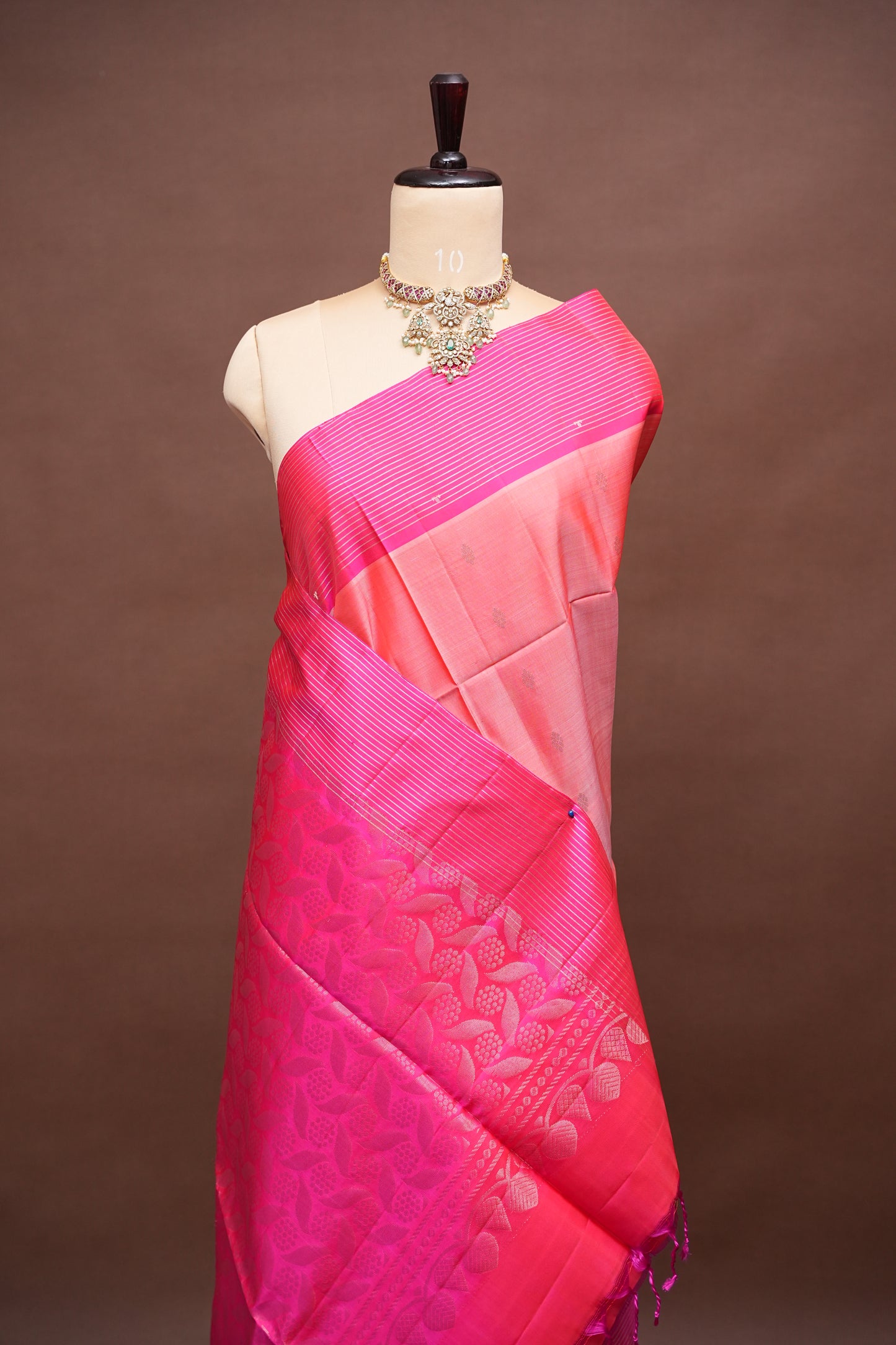 Pure Soft Silk Saree - Peach with Hot Pink