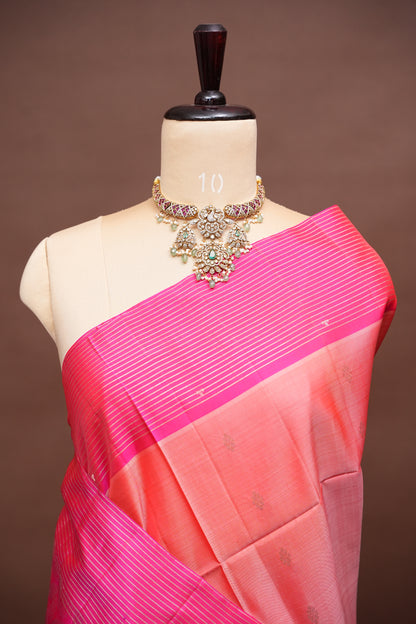 Pure Soft Silk Saree - Peach with Hot Pink