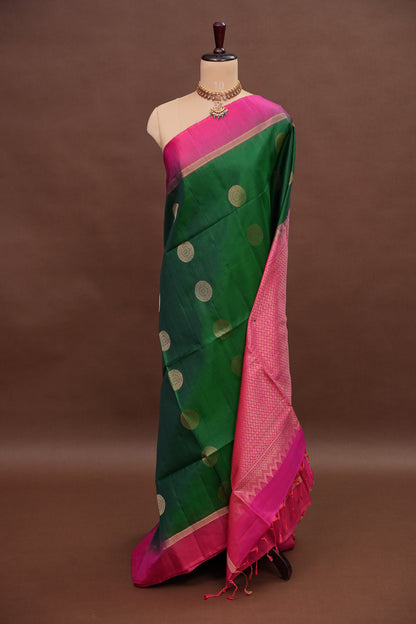 Emerald Green with Hot Pink Pure Soft Silk Saree|Silk Mark Certified