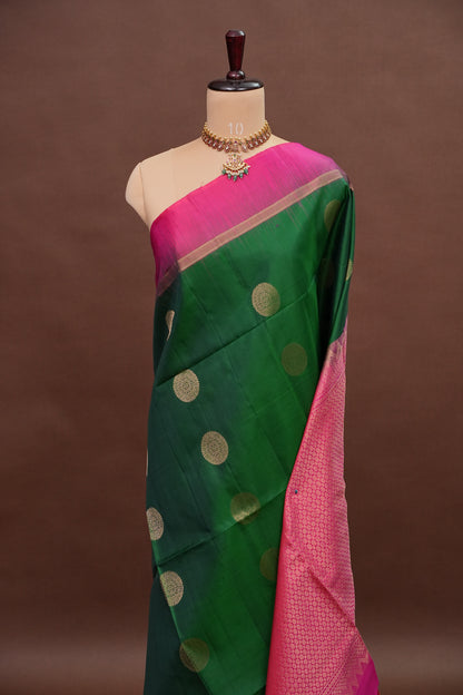 Emerald Green with Hot Pink Pure Soft Silk Saree|Silk Mark Certified