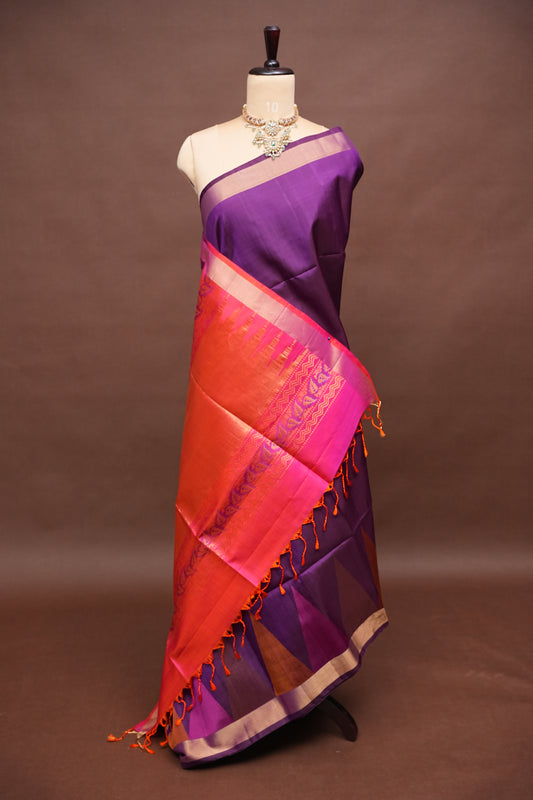 Pure Soft Silk Saree - Deep Royal Purple with Orange and Pink