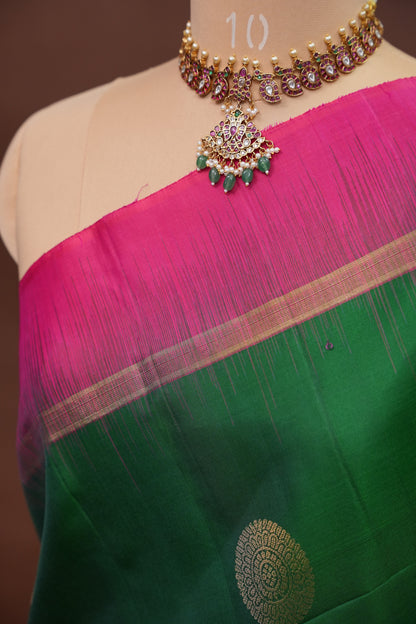 Emerald Green with Hot Pink Pure Soft Silk Saree|Silk Mark Certified