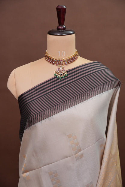 Pure Soft Silk Saree - Half White with Black