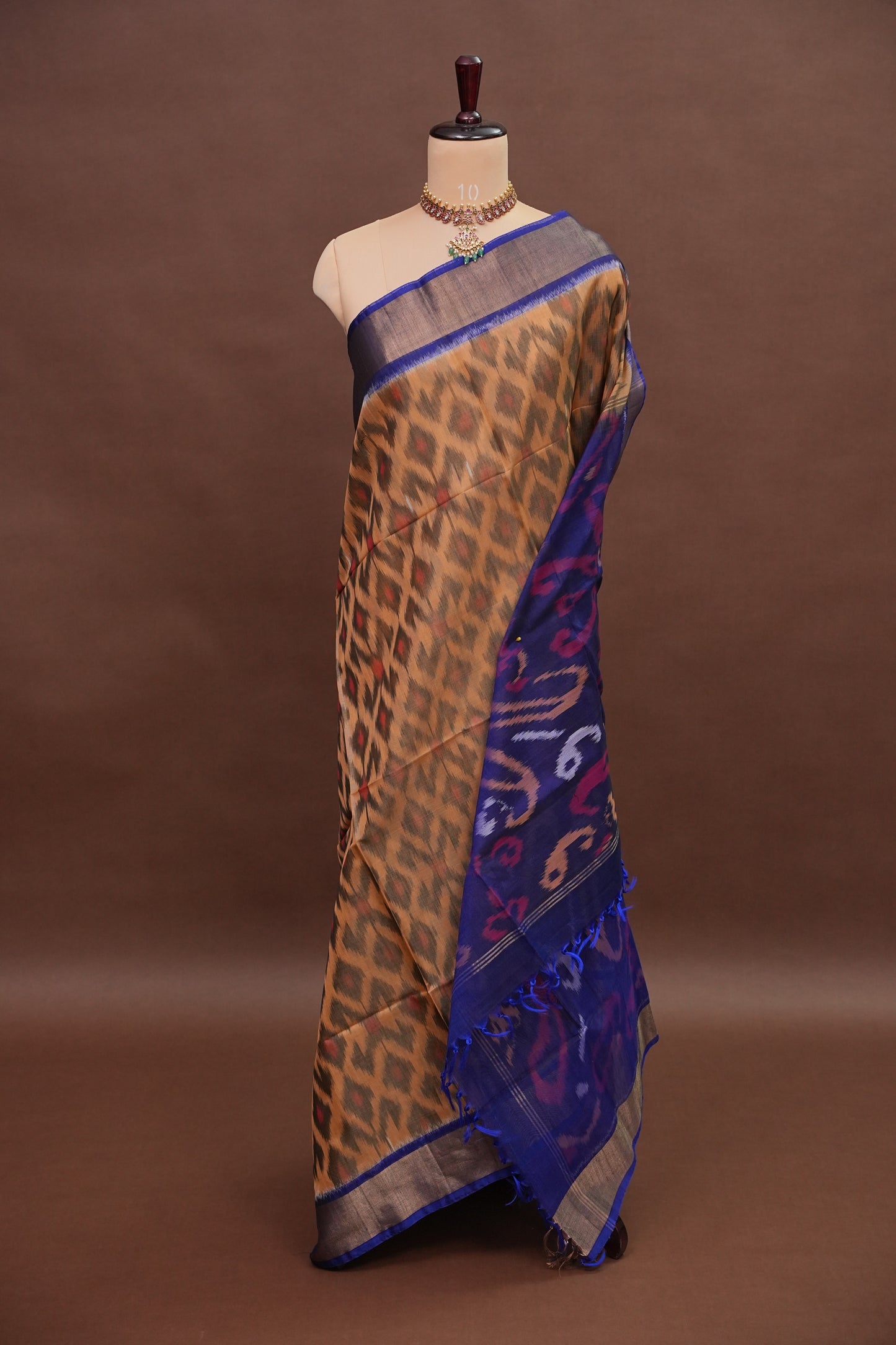 Pure Ikkat Silk Cotton Saree - Beige & Royal Blue