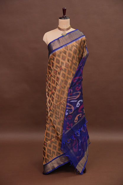 Pure Ikkat Silk Cotton Saree - Beige & Royal Blue