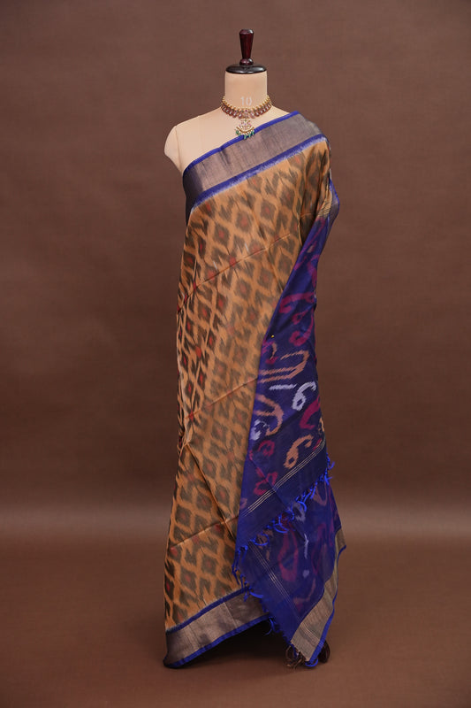 Pure Ikkat Silk Cotton Saree - Beige & Royal Blue