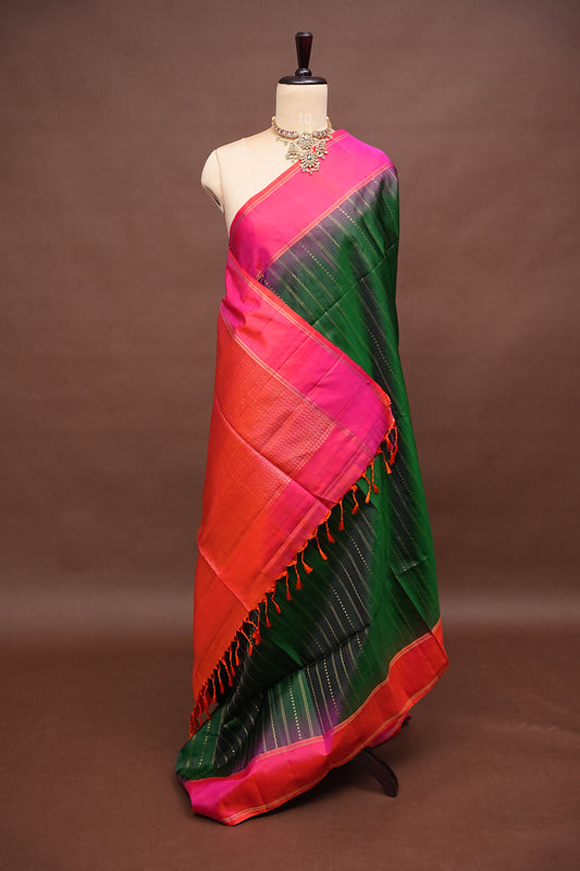 Pure Soft Silk Saree - Deep Emerald Green with Pink