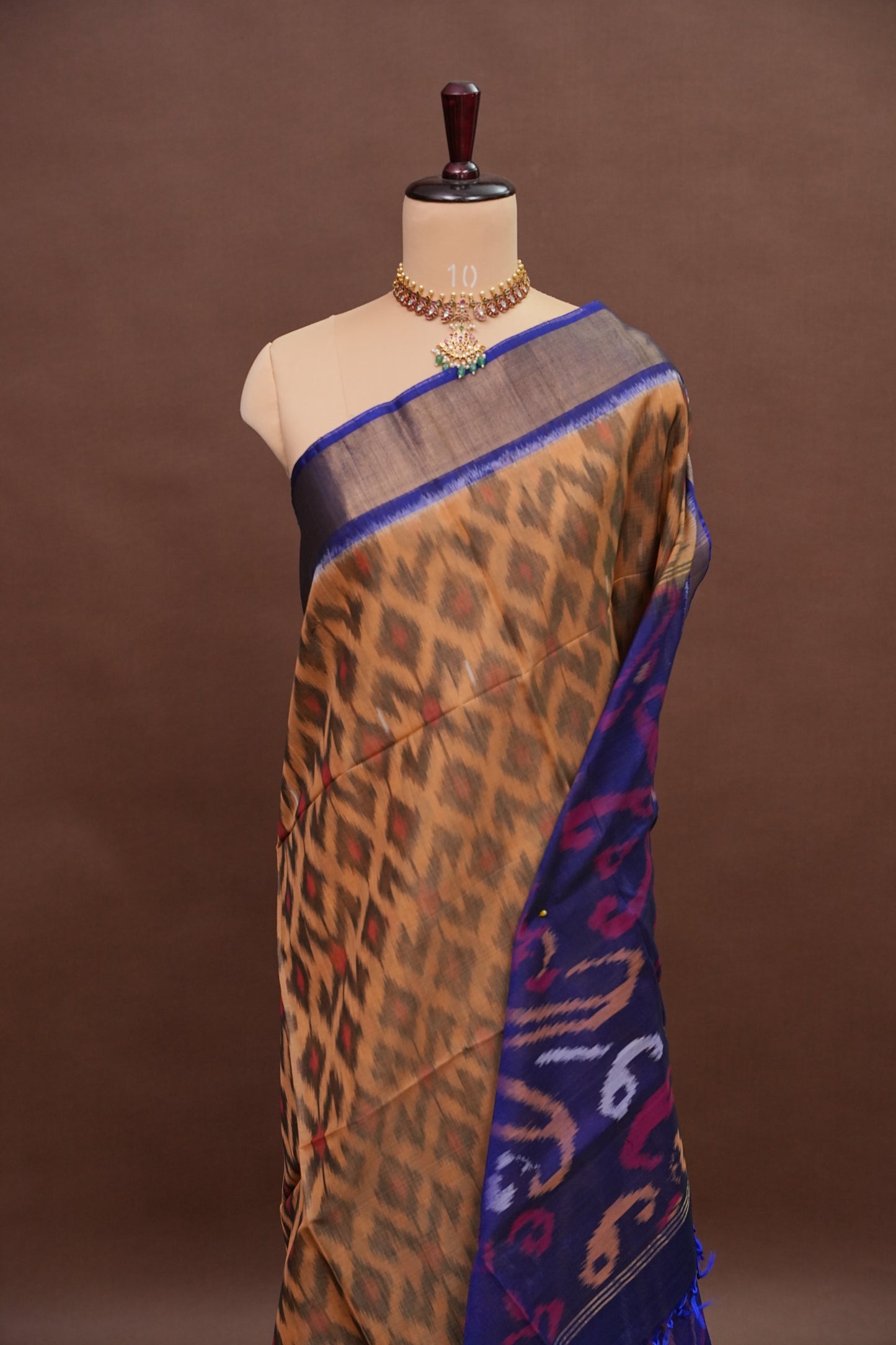 Pure Ikkat Silk Cotton Saree - Beige & Royal Blue