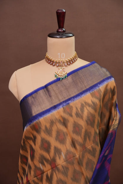 Pure Ikkat Silk Cotton Saree - Beige & Royal Blue