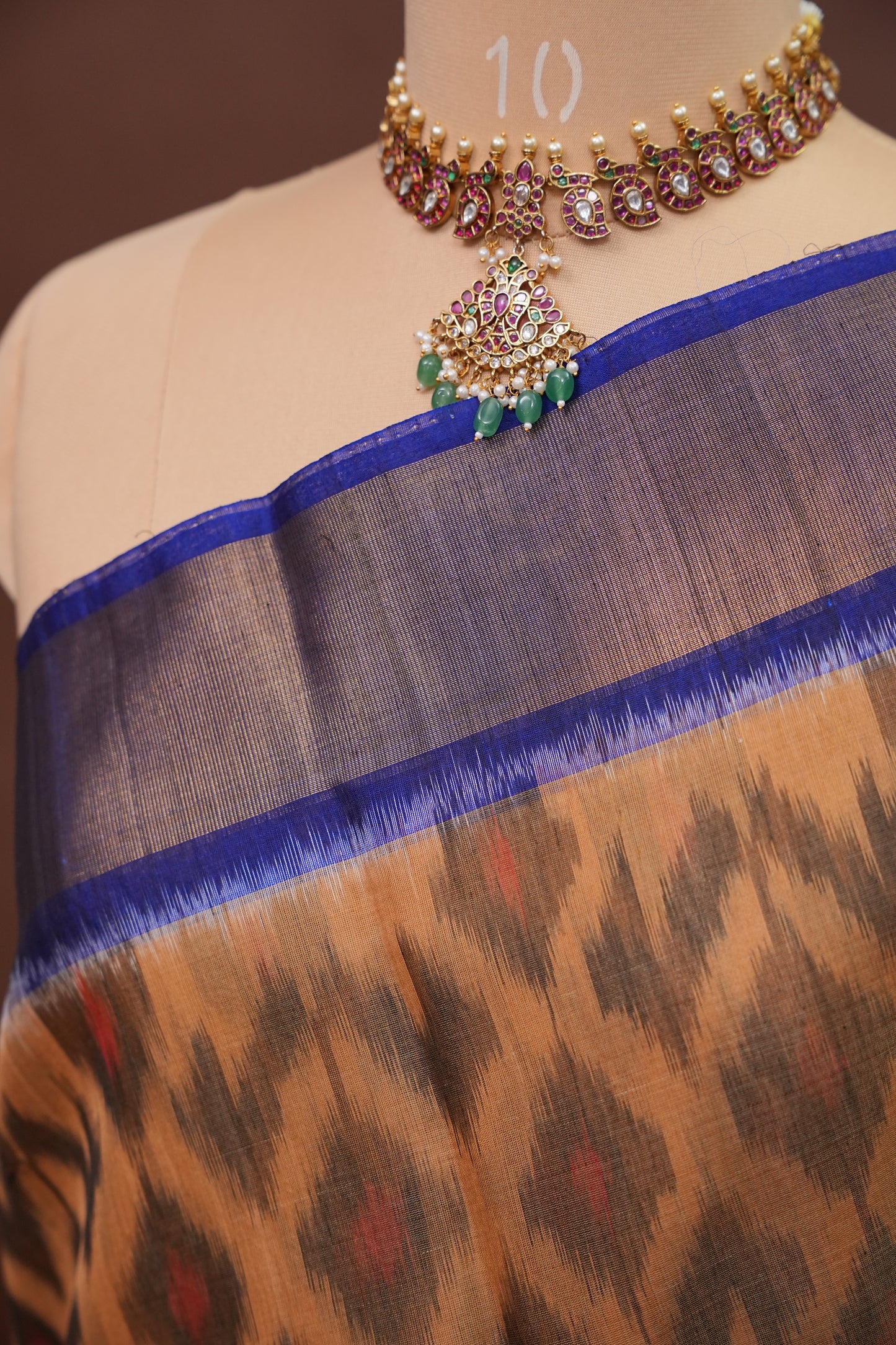 Pure Ikkat Silk Cotton Saree - Beige & Royal Blue